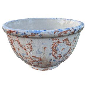 Vintage Stoneware Paneled Spongeware Mixing Bowl 8" Rustic Blue & Brown Glaze